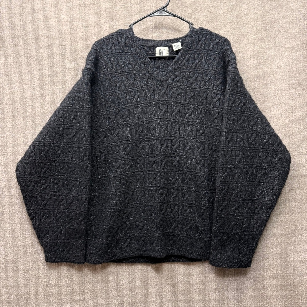 Vintage Gap Wool Silk Blend Cable Knit V-Neck Sweater Charcoal Gray Mens Large